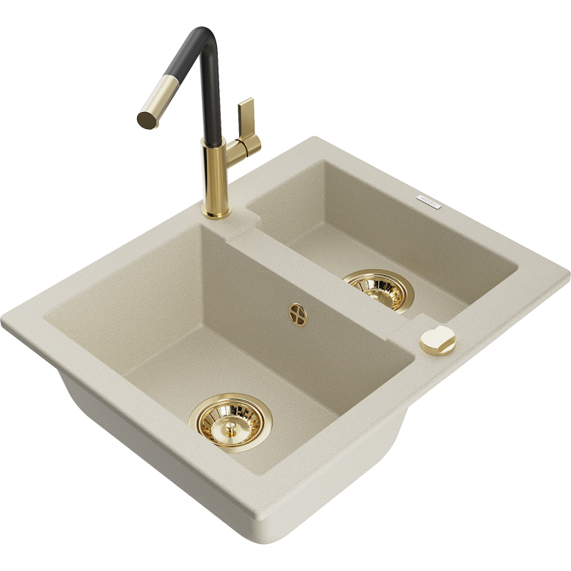 Mexen Carlos granit Spülbecken 1,5 Kammern mit Küchenarmatur Flora, beige - 6518-69-670401-57-G