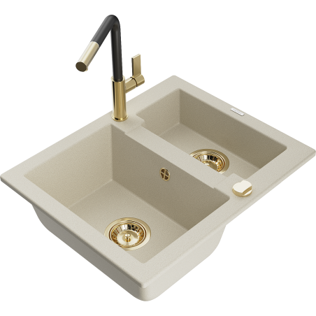 Mexen Carlos 1,5-Becken-Granitspüle mit Mischbatterie Flora, Beige - 6518-69-670401-57-G