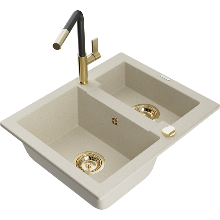 Mexen Carlos granit Spülbecken 1,5 Kammern mit Küchenarmatur Flora, beige - 6518-69-670401-57-G