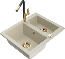 Mexen Carlos granit Spülbecken 1,5 Kammern mit Küchenarmatur Flora, beige - 6518-69-670401-57-G