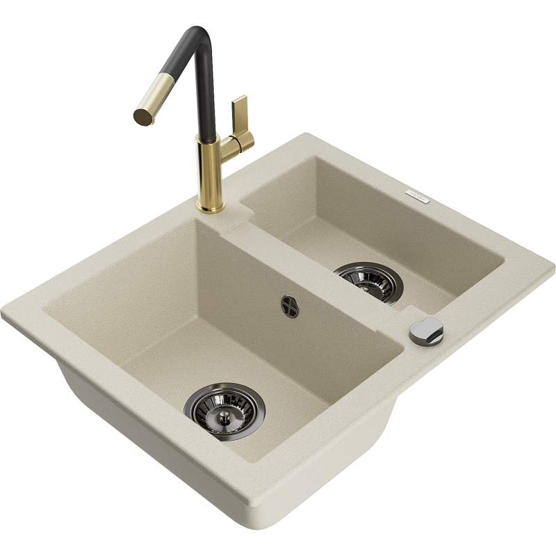 Mexen Carlos Granit-Spülbecken 1,5-Kammer mit Küchenarmatur Flora, beige - 6518-69-670401-57-B