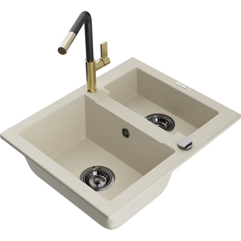 Mexen Carlos Granitspüle 1,5-Becken mit Küchenarmatur Flora, beige - 6518-69-670401-57-B
