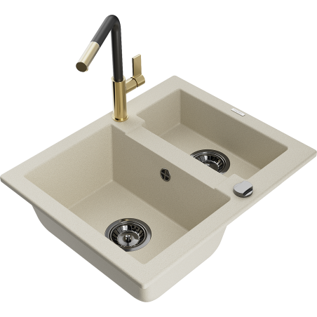Mexen Carlos Granit-Spülbecken 1,5-Kammer mit Küchenarmatur Flora, beige - 6518-69-670401-57-B