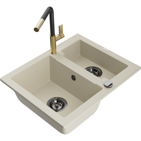 Mexen Carlos granitspüle 1,5-beckig mit Küchenarmatur Flora, beige - 6518-69-670401-57-B