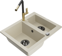 Mexen Carlos Granit-Spülbecken 1,5-Kammer mit Küchenarmatur Flora, beige - 6518-69-670401-57-B