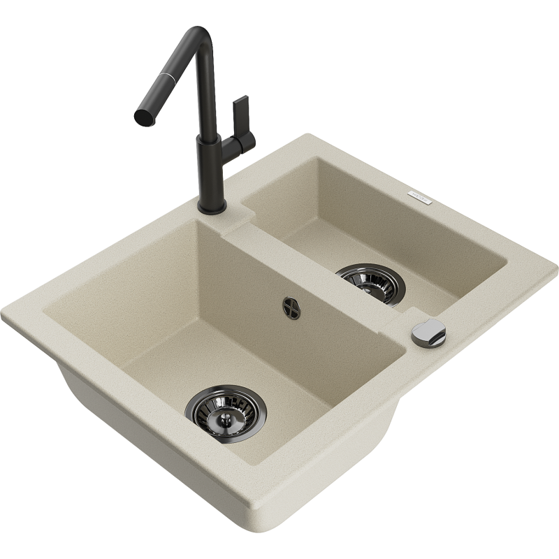 Mexen Carlos Granitspüle 1,5-fach mit Küchenarmatur Flora, beige - 6518-69-670401-70-B