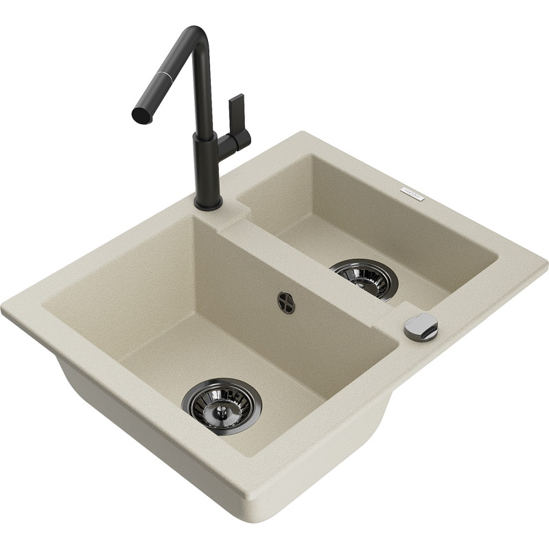 Mexen Carlos granitspüle mit 1,5 becken und küchenarmatur Flora, beige - 6518-69-670401-70-B