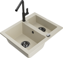 Mexen Carlos Granitspüle 1,5-fach mit Küchenarmatur Flora, beige - 6518-69-670401-70-B