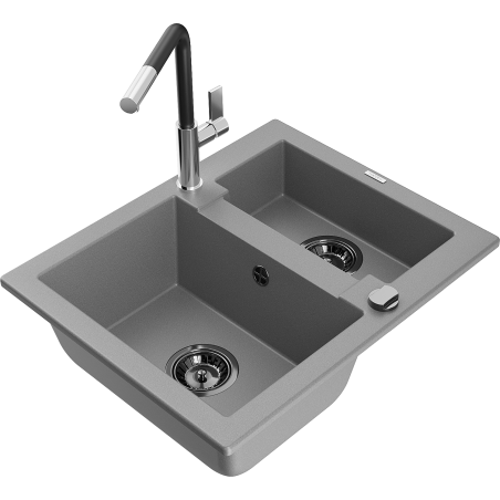 Mexen Carlos 1,5-Kammer-Granitzle sink mit Küchenarmatur Flora, grau - 6518-71-670401-07-B