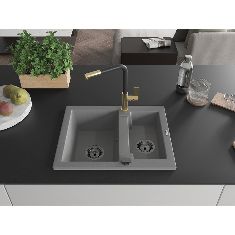 Mexen Carlos 1,5-Kammer Granitspüle mit Küchenarmatur Flora, grau - 6518-71-670401-57-B