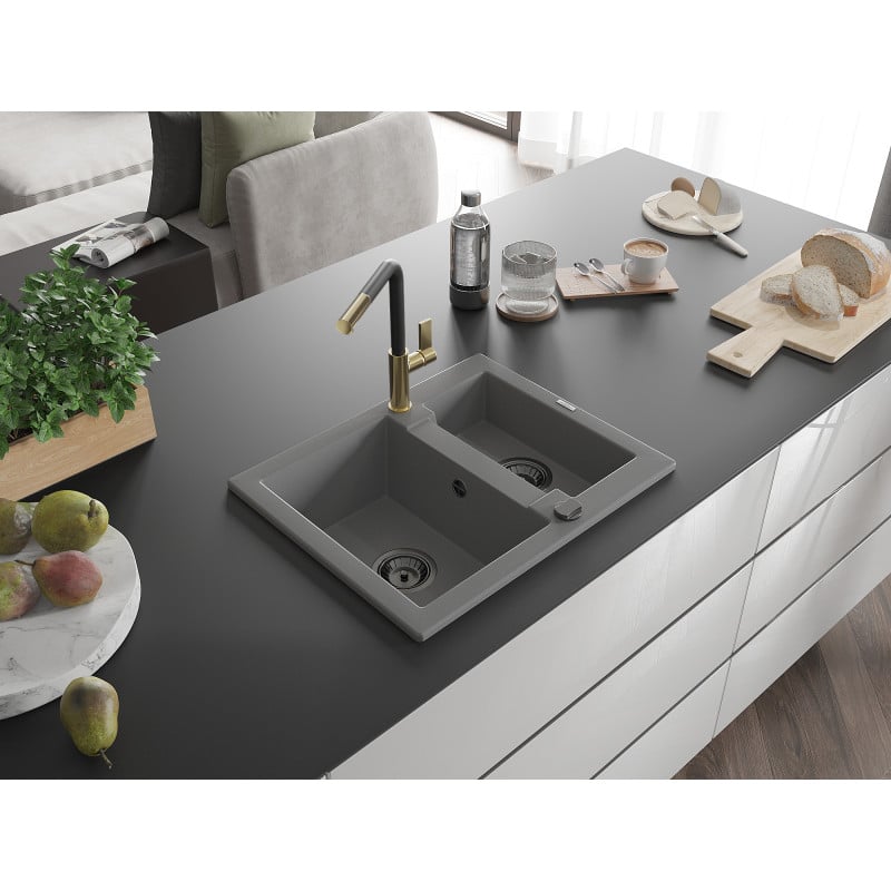 Mexen Carlos Granitspüle 1,5-Becken mit Küchenarmatur Flora, grau - 6518-71-670401-57-B