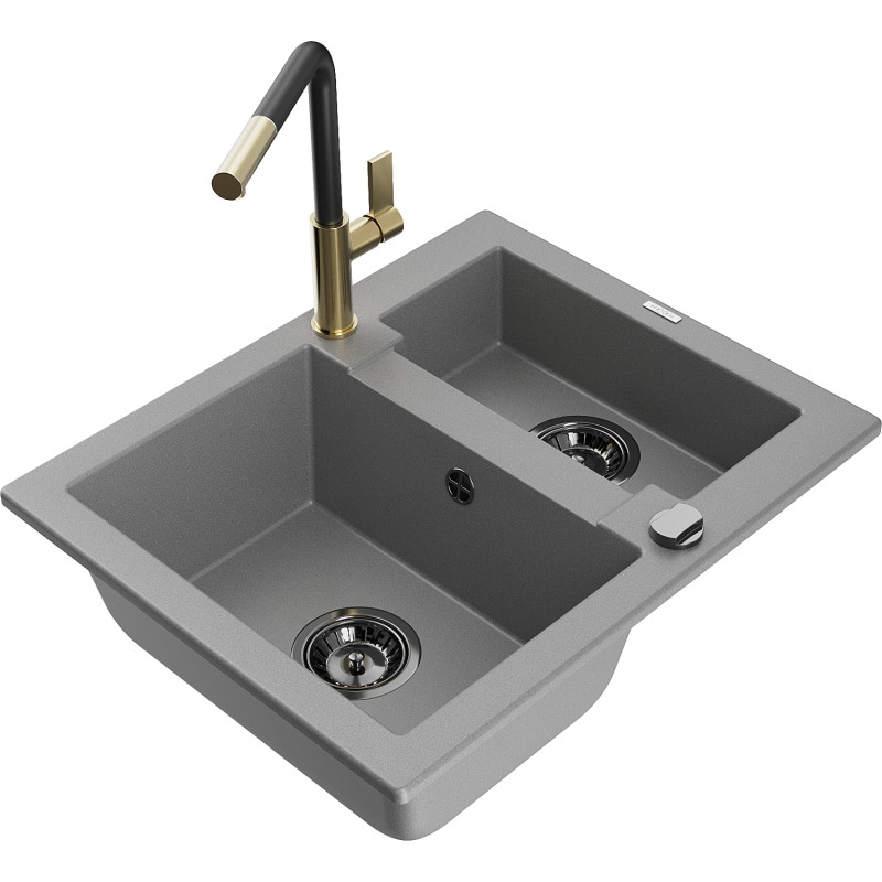 Mexen Carlos 1,5-Kammer Granitspüle mit Küchenarmatur Flora, grau - 6518-71-670401-57-B