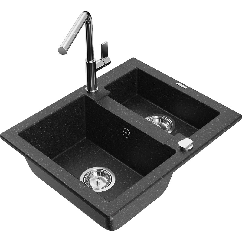 Mexen Carlos granitspüle 1,5-kammern mit küchenarmatur Flora, schwarz/silber metallik - 6518-73-670401-00