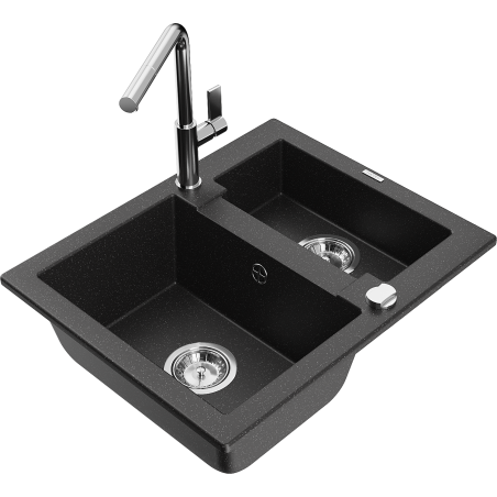 Mexen Carlos Granitspüle 1,5-Becken mit Küchenarmatur Flora, schwarz/silber metallic - 6518-73-670401-00