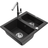 Mexen Carlos Granitspüle 1,5-Becken mit Küchenarmatur Flora, schwarz/silber metallic - 6518-73-670401-00