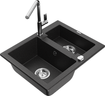 Mexen Carlos Granitspüle 1,5-Becken mit Küchenarmatur Flora, schwarz/silber metallic - 6518-73-670401-00