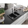 Mexen Carlos Granitspüle 1,5-beckig mit Küchenarmatur Flora, schwarz/silber metallic - 6518-73-670401-07