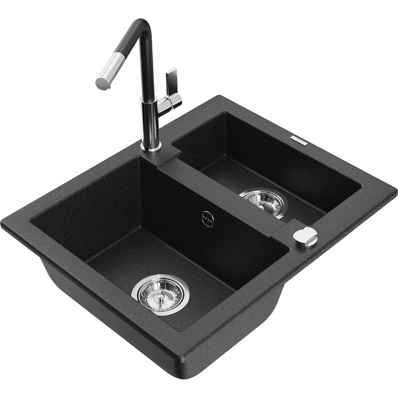 Mexen Carlos Granitspüle 1,5-Becken mit Küchenarmatur Flora, schwarz/silber metallic - 6518-73-670401-07