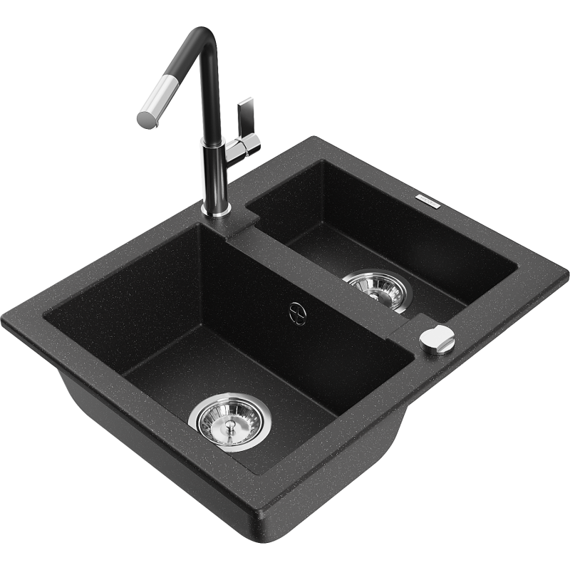 Mexen Carlos Granitspüle 1,5-beckig mit Küchenarmatur Flora, schwarz/silber metallic - 6518-73-670401-07