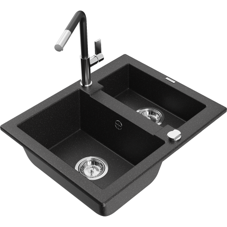 Mexen Carlos Granitspüle 1,5-Becken mit Küchenarmatur Flora, schwarz/silber metallic - 6518-73-670401-07
