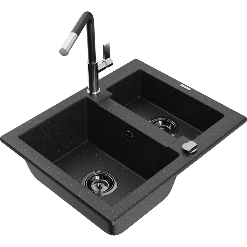 Mexen Carlos Granitspüle 1,5-Becken mit Küchenarmatur Flora, schwarz/silber metallic - 6518-73-670401-07-B