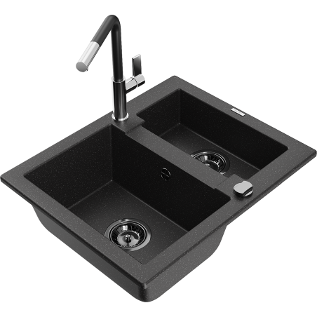 Mexen Carlos Granitspüle 1,5-Becken mit Küchenarmatur Flora, schwarz/silber metallic - 6518-73-670401-07-B