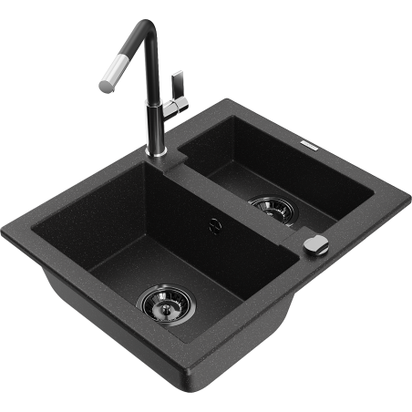 Mexen Carlos Granitspüle 1,5 Becken mit Küchenarmatur Flora, schwarz/silberner Metallic - 6518-73-670401-07-B