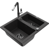 Mexen Carlos Granitspüle 1,5-Becken mit Küchenarmatur Flora, schwarz/silber metallic - 6518-73-670401-07-B