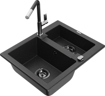 Mexen Carlos Granitspüle 1,5-Becken mit Küchenarmatur Flora, schwarz/silber metallic - 6518-73-670401-07-B