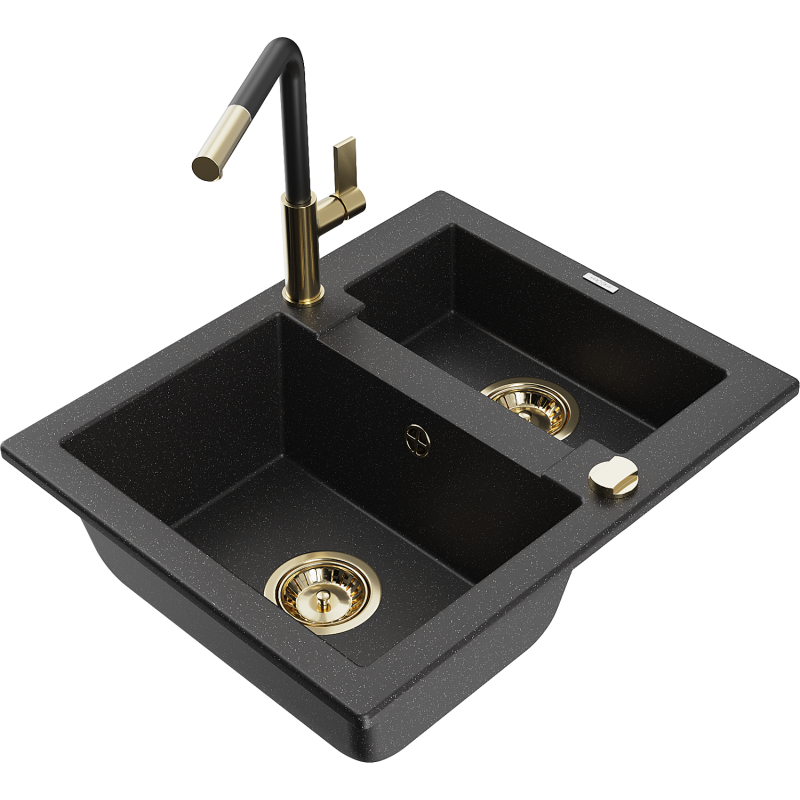 Mexen Carlos Granitspüle 1,5-Becken mit Küchenarmatur Flora, schwarz/silber Metallic - 6518-73-670401-57-G