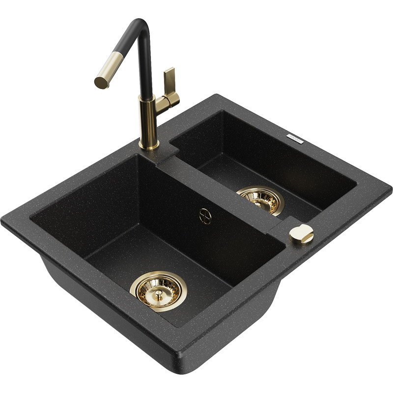 Mexen Carlos Granitspüle 1,5-Becken mit Küchenarmatur Flora, schwarz/silberner Metallic - 6518-73-670401-57-G