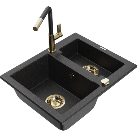 Mexen Carlos Granitspüle 1,5-Becken mit Küchenarmatur Flora, schwarz/silber Metallic - 6518-73-670401-57-G