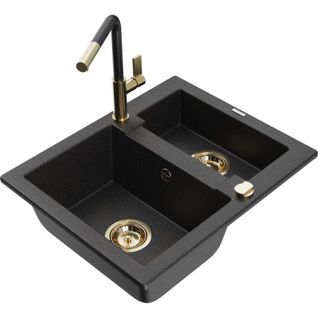 Mexen Carlos Granitspüle 1,5-Becken mit Küchenarmatur Flora, schwarz/silberner Metallic - 6518-73-670401-57-G