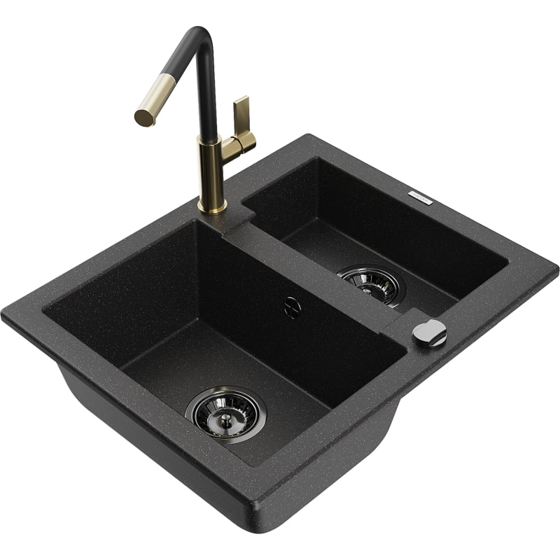 Mexen Carlos Granitspüle 1,5-fach mit Küchenarmatur Flora, schwarz/silber Metallic - 6518-73-670401-57-B