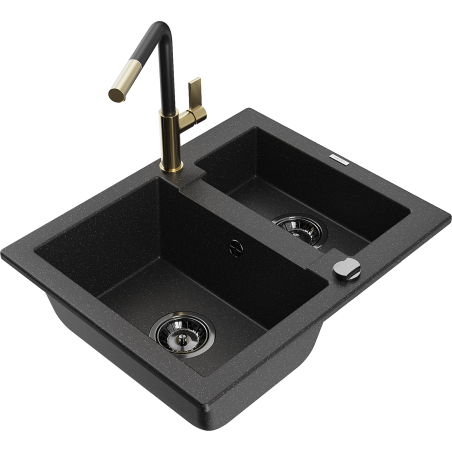 Mexen Carlos Granitspüle 1,5-beckig mit Küchenarmatur Flora, schwarz/silber metallic - 6518-73-670401-57-B