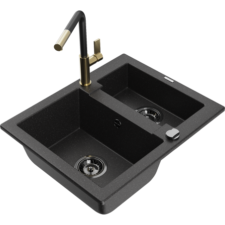 Mexen Carlos Granitspüle 1,5-fach mit Küchenarmatur Flora, schwarz/silber Metallic - 6518-73-670401-57-B