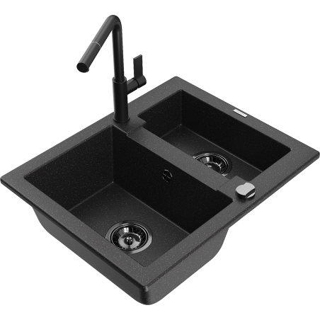 Mexen Carlos Granitspüle 1,5-Becken mit Küchenarmatur Flora, schwarz/silber metallic - 6518-73-670401-70-B
