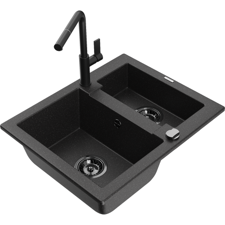 Mexen Carlos Granitspüle 1,5-beckig mit Küchenarmatur Flora, schwarz/silber metallic - 6518-73-670401-70-B