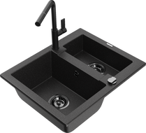 Mexen Carlos Granitspüle 1,5-Becken mit Küchenarmatur Flora, schwarz/silber metallic - 6518-73-670401-70-B