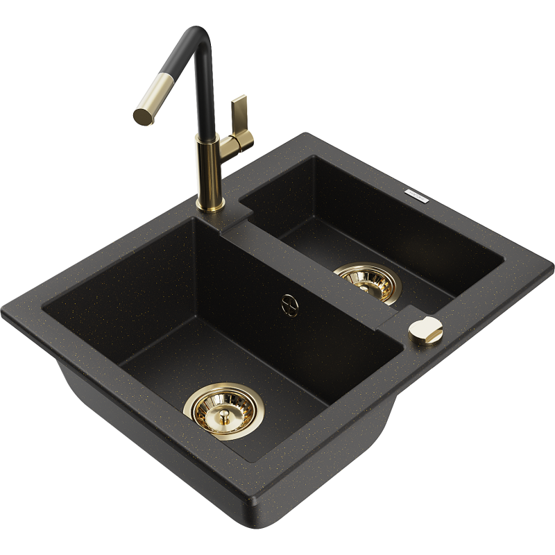 Mexen Carlos Granitspüle 1,5-Becken mit Küchenarmatur Flora, Schwarz/Gold Metallic - 6518-75-670401-57-G