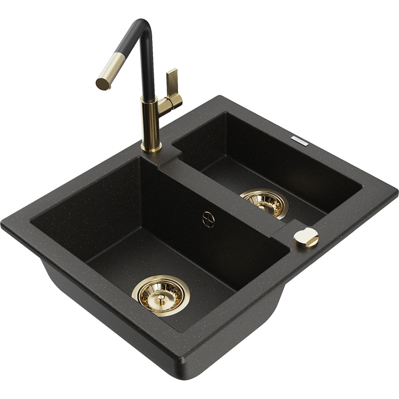 Mexen Carlos Granitspüle 1,5-Kammern mit Küchenarmatur Flora, schwarz/gold metallic - 6518-75-670401-57-G