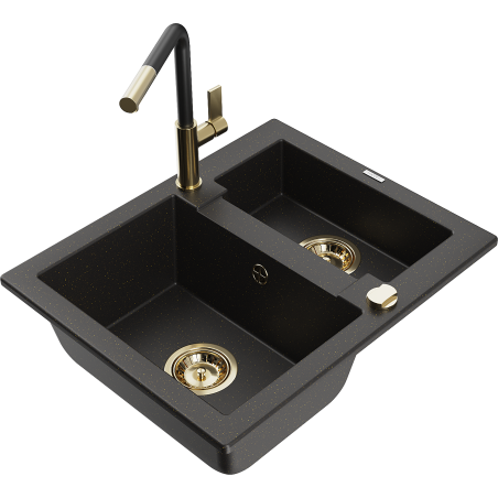 Mexen Carlos Granitspüle 1,5-Becken mit Küchenarmatur Flora, Schwarz/Gold Metallic - 6518-75-670401-57-G