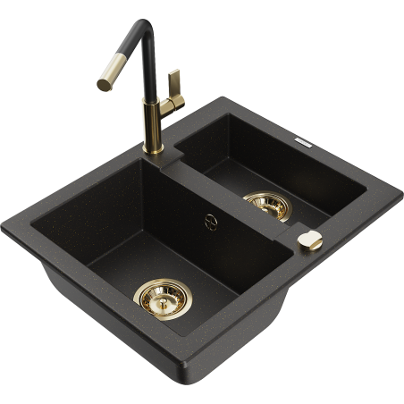 Mexen Carlos Granitspüle 1,5-Kammern mit Küchenarmatur Flora, schwarz/gold metallic - 6518-75-670401-57-G