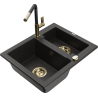Mexen Carlos Granitspüle 1,5-Becken mit Küchenarmatur Flora, Schwarz/Gold Metallic - 6518-75-670401-57-G