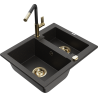 Mexen Carlos Granitspüle 1,5-Kammern mit Küchenarmatur Flora, schwarz/gold metallic - 6518-75-670401-57-G