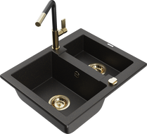 Mexen Carlos Granitspüle 1,5-Becken mit Küchenarmatur Flora, Schwarz/Gold Metallic - 6518-75-670401-57-G
