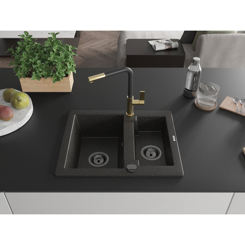 Mexen Carlos Granitspüle 1,5-Kammern mit Küchenarmatur Flora, schwarz/goldmetallik - 6518-75-670401-57-B