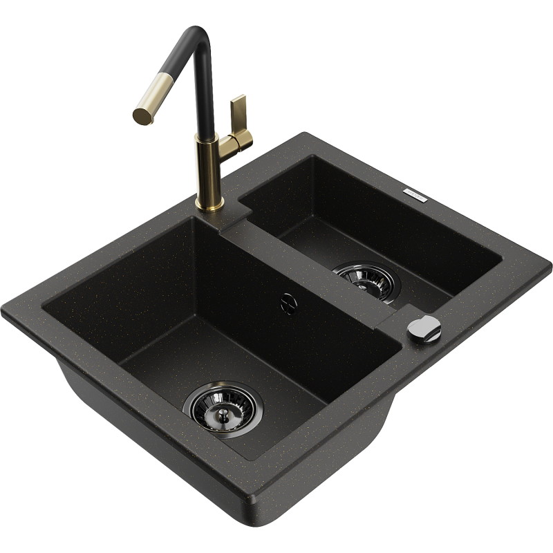 Mexen Carlos Granitspüle 1,5-becken mit Küchenarmatur Flora, Schwarz/Gold-Metallic - 6518-75-670401-57-B