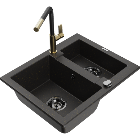 Mexen Carlos Granitspüle 1,5-becken mit Küchenarmatur Flora, Schwarz/Gold-Metallic - 6518-75-670401-57-B