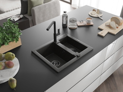 Mexen Carlos Granitspüle 1,5-Becken mit Küchenarmatur Flora, schwarz/goldener Metallic - 6518-75-670401-70-B